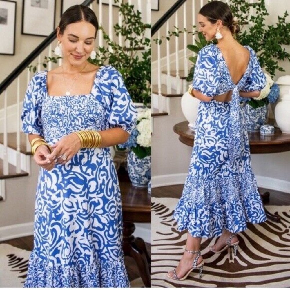Tanya Taylor Dress Women’s 4 blue white midi summer wedding coastal spring